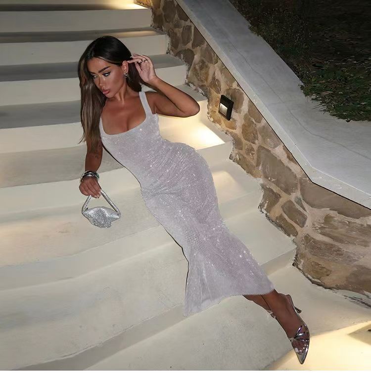 Sequined halter dress with square neck