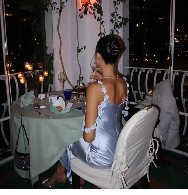 Three-dimensional floral halter dress