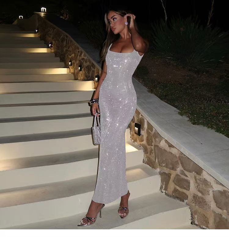 Sequined halter dress with square neck